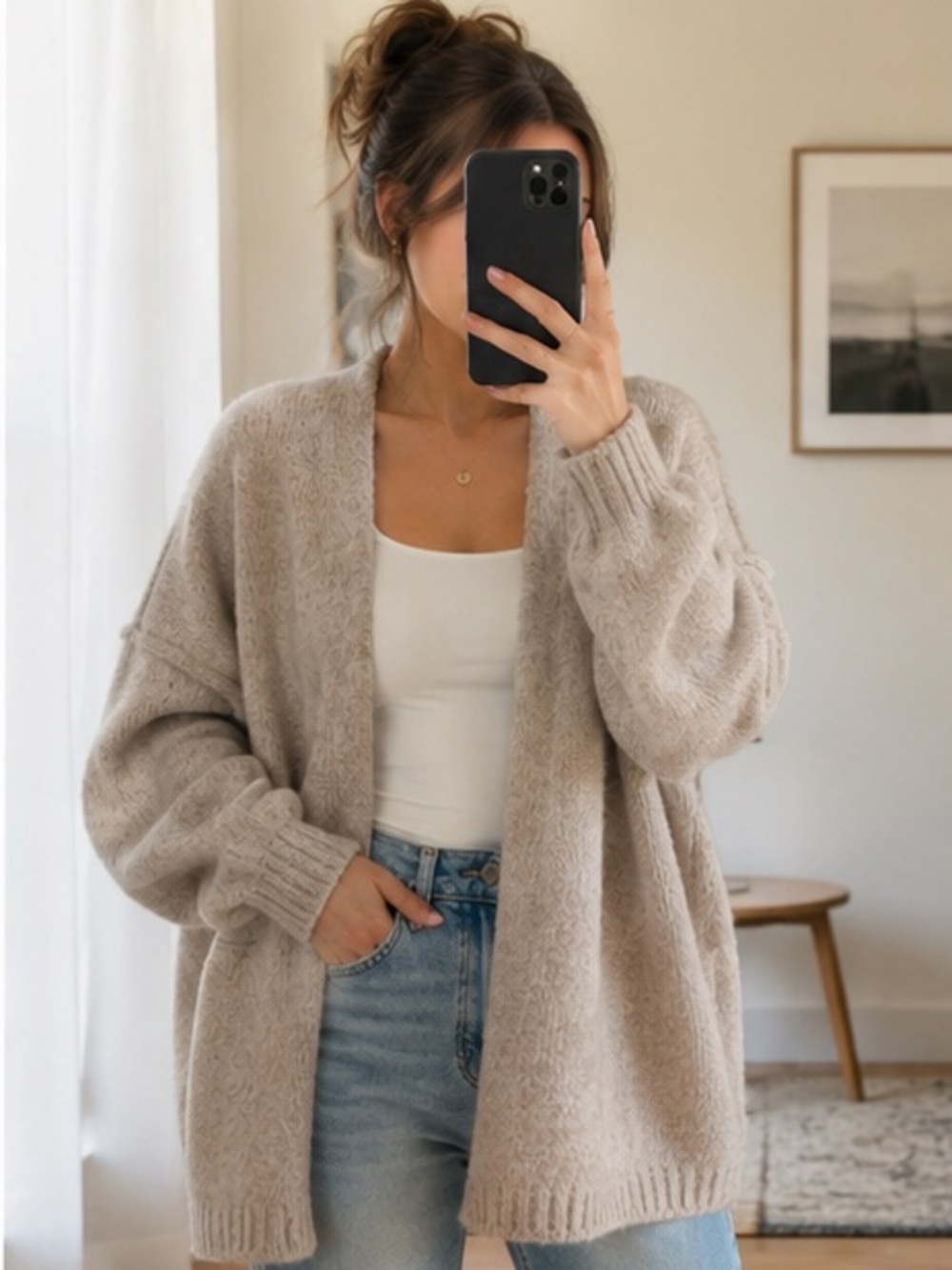 PrettyGarden Cozy Oversized Open Front Cardigan – Soft Neutral Knit Small